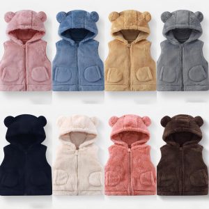 Unisex Solid Color Zip-up Vests Waistcoats, Fleece Hooded Vest for Boys and Girls in Autumn and Winter Wholesale 25110319